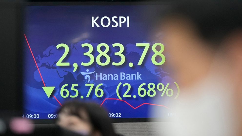 Currency traders watch computer monitors near the screens showing the Korea Composite Stock Price Index (KOSPI) at a foreign exchange dealing room in Seoul, South Korea, Wednesday, Sept. 14, 2022. Asian markets have skidded lower after Wall Street fe