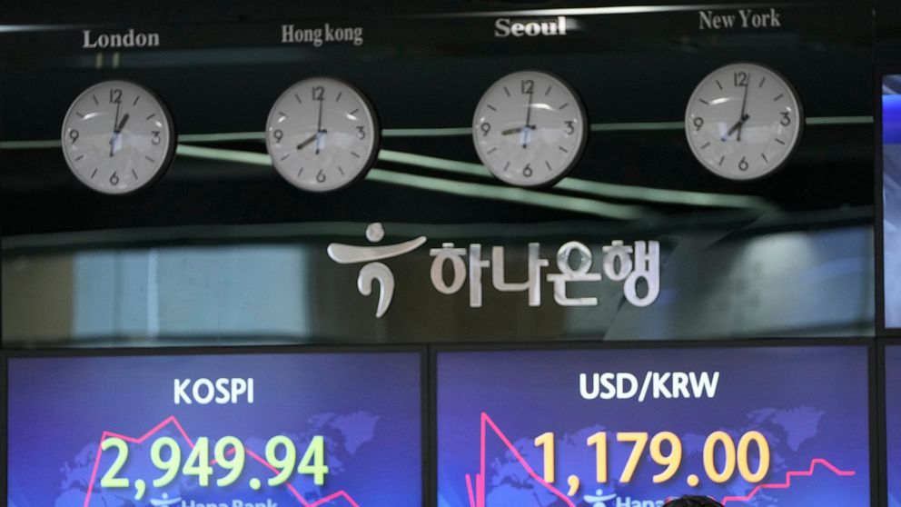 A currency trader stands near screens showing the Korea Composite Stock Price Index (KOSPI), left, and the foreign exchange rate between U.S. dollar and South Korean won at a foreign exchange dealing room in Seoul, South Korea, Wednesday, Nov. 10, 20
