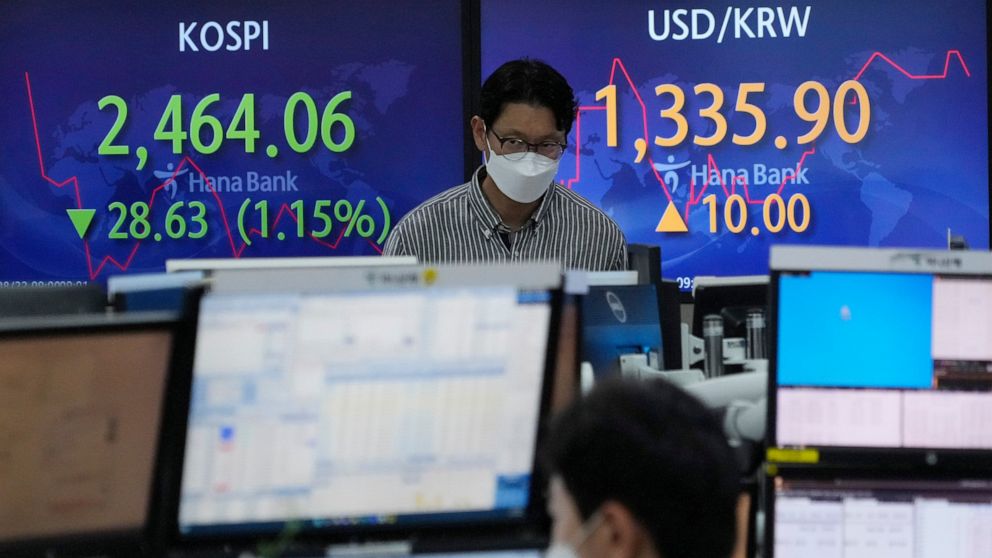 A currency trader watches monitors in front of screens showing the Korea Composite Stock Price Index (KOSPI), left, and the exchange rate of South Korean won against the U.S. dollar at the foreign exchange dealing room of the KEB Hana Bank headquarte