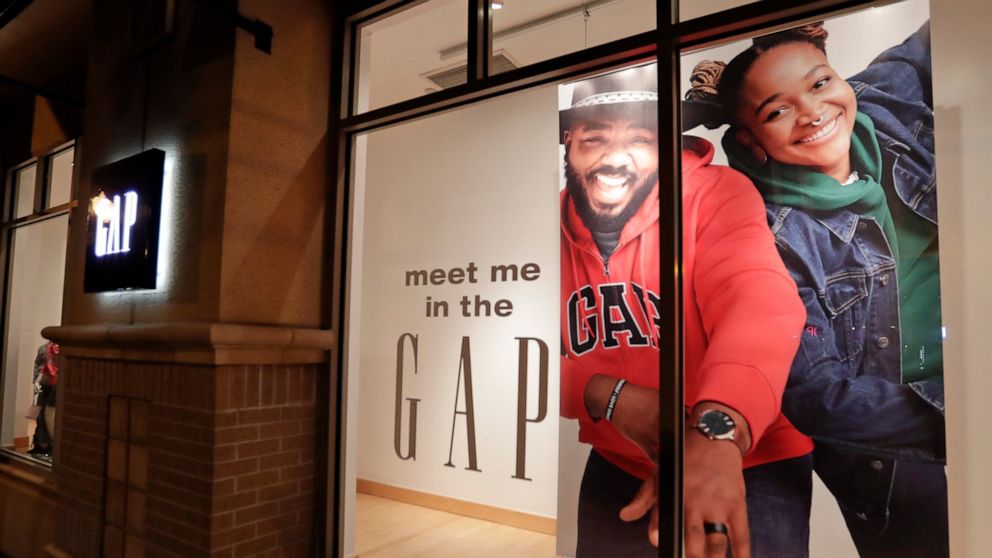 FILE - This Aug. 23, 2018, file photo shows a window display at a Gap clothing store in Winter Park, Fla. The Gap Inc. reports financial results Thursday, May 30, 2019. (AP Photo/John Raoux, File)