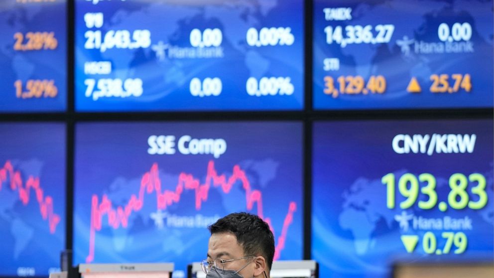 A currency trader walks by the screens at a foreign exchange dealing room in Seoul, South Korea, Friday, July 8, 2022. Asian stock markets followed Wall Street higher Friday after two Federal Reserve officials said the U.S. economy might avoid a rece