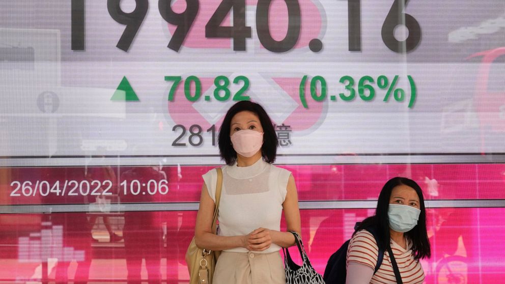 People wearing face masks stand in front of a bank's electronic board showing the Hong Kong share index in Hong Kong, Tuesday, April 26, 2022. Asian shares were mostly higher Tuesday after U.S. stocks stormed back from sharp losses to log strong gain