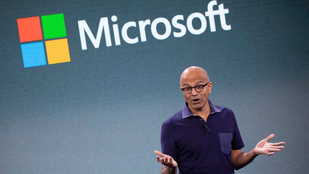 FILE - In this Oct. 2, 2019 file photo, Microsoft CEO Satya Nadella talks during a company event in New York. Nadella said in June 2020 that the tech company would double the number of Black and African American managers, senior individual contributo