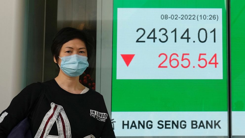 A woman wearing a face mask walks past a bank's electronic board showing the Hong Kong share index in Hong Kong, Tuesday, Feb. 8, 2022. Asian stock markets were mixed Tuesday after Wall Street fell as investors watched for signs of whether global cen