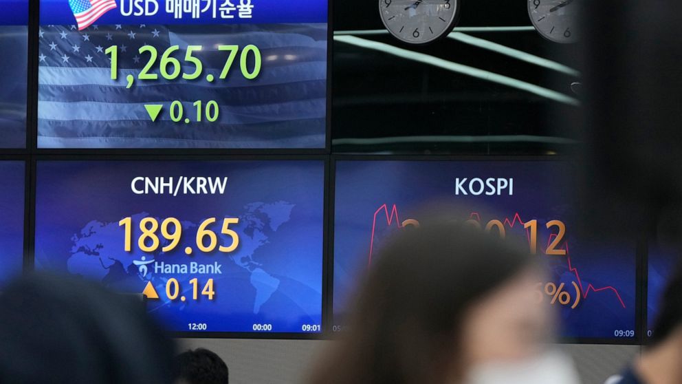 Currency traders watch their computer monitors near the screens showing the Korea Composite Stock Price Index (KOSPI), right, and the foreign exchange rates at a foreign exchange dealing room in Seoul, South Korea, Wednesday, May 4, 2022. Shares were
