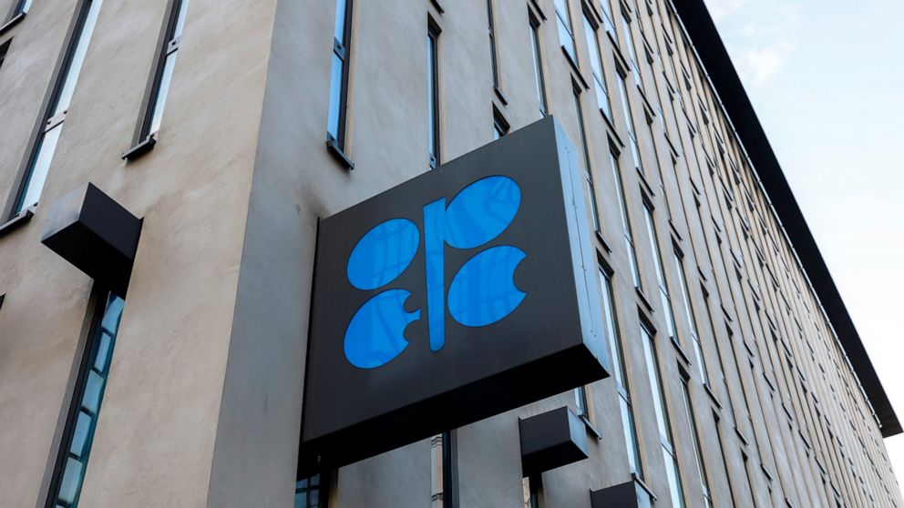 FILE - The logo of the Organization of the Petroleoum Exporting Countries (OPEC) is seen outside of OPEC's headquarters in Vienna, Austria, March 3, 2022. A cut in oil production is on the table when OPEC oil-producing countries meet Wednesday, Oct. 