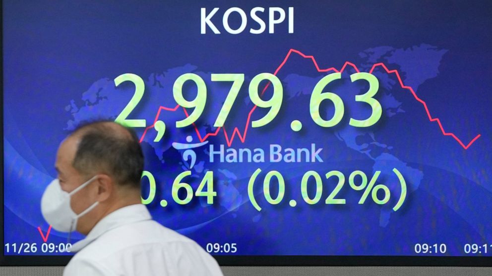 A currency trader walks by the screens showing the Korea Composite Stock Price Index (KOSPI) at a foreign exchange dealing room in Seoul, South Korea, Friday, Nov. 26, 2021. Asian stock markets sank Friday as traders watched a surge in coronavirus ca