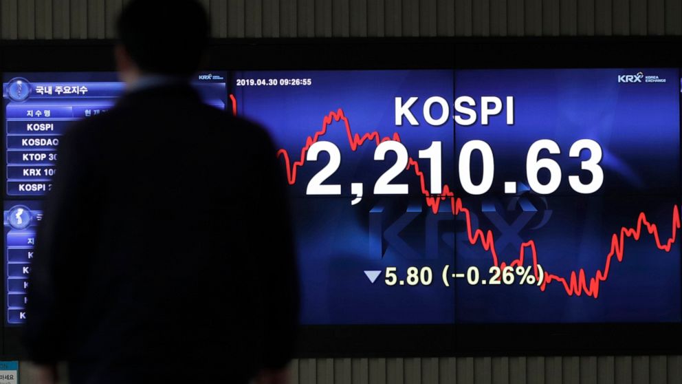 A man walks near a screen showing the Korea Composite Stock Price Index (KOSPI) at the Korea Exchange in Seoul, South Korea, Tuesday, April 30, 2019. Asian stock markets were mixed Tuesday after Wall Street hit a new high and Chinese factory grew in 