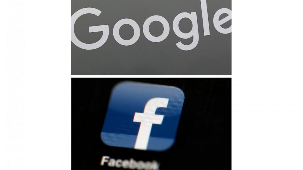 FILE - This combination of file photos shows a Google sign and the Facebook app. Global digital platforms The author of proposed Australian laws to make Facebook and Google pay for journalism said Thursday, Sept. 17, 2020, in Australia, his draft leg