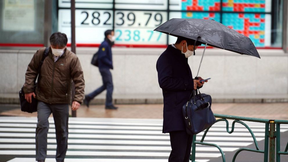 People wearing protective masks stand near an electronic stock board showing Japan's Nikkei 225 index at a securities firm Tuesday, Jan. 11, 2022, in Tokyo. Asian shares sank in cautious trading Tuesday following a decline on Wall Street amid continu