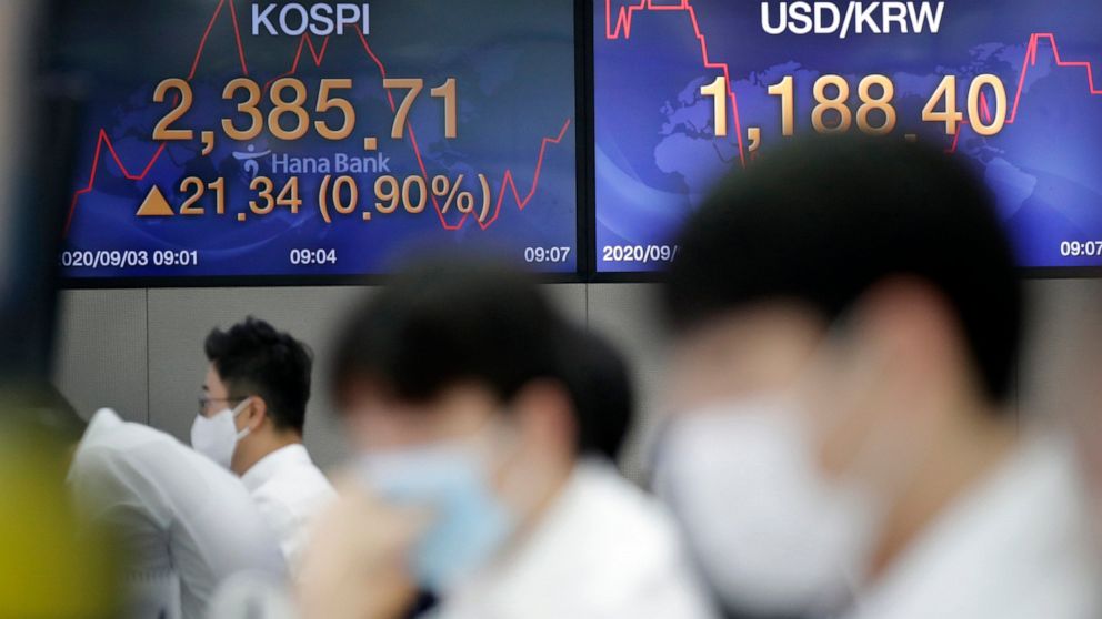 Currency traders watch computer monitors near the screens showing the Korea Composite Stock Price Index (KOSPI), left, and the foreign exchange rate between U.S. dollar and South Korean won at the foreign exchange dealing room in Seoul, South Korea, 