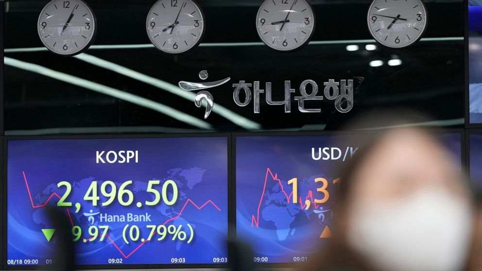 A currency trader watches monitors near screens showing the Korea Composite Stock Price Index (KOSPI), left, and the foreign exchange rate between the U.S. dollar and South Korean won at a foreign exchange dealing room in Seoul, South Korea, Thursday