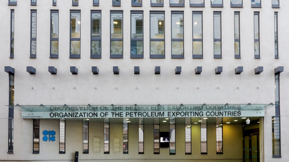 FILE - The logo of the Organization of the Petroleum Exporting Countries (OPEC) is seen outside of OPEC's headquarters in Vienna, Austria, on March 3, 2022. The OPEC oil cartel and allied countries including major exporter Russia are weighing how muc