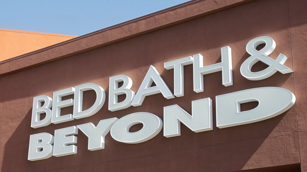 FILE - A Bed Bath & Beyond sign is shown in Mountain View, Calif., May 9, 2012. Shares in Bed Bath & Beyond jumped 22% to more than $25 per share Wednesday, Aug. 17, 2022, on huge trading volumes, and the mall-based home goods retailer’s stock has ne