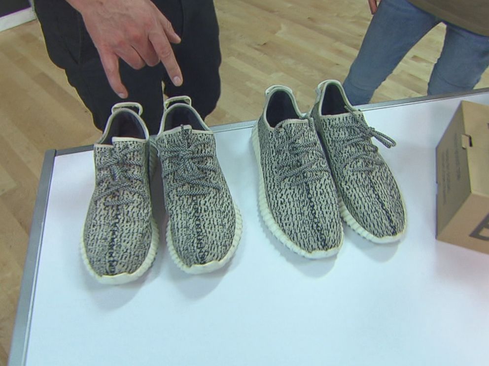 Yeezy Busta, an unofficial sneaker authenticator who wears a mask to hide his identity, says the pair of sneakers on the left is fake and the pair on the right is real.