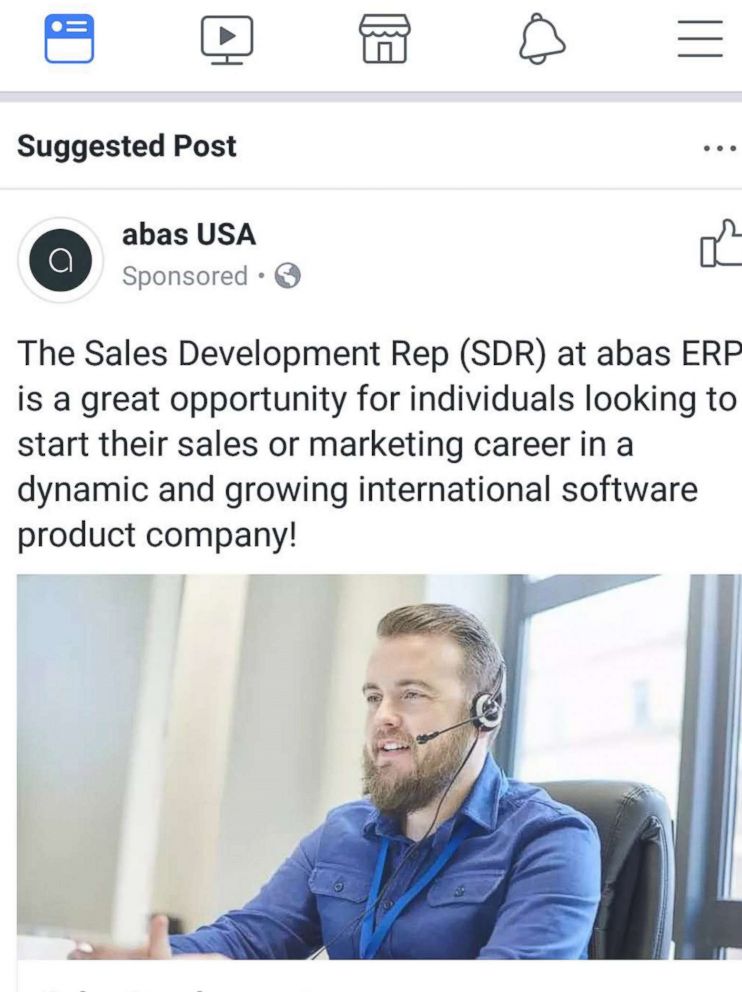 PHOTO: This undated image provided by the American Civil Liberties Union shows a Facebook advertisement for jobs at abas USA.