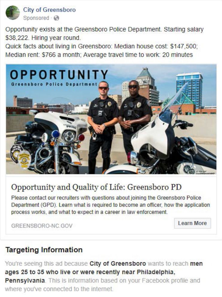 PHOTO: This undated image provided by the American Civil Liberties Union shows a Facebook advertisement for jobs at the City of Greensboro's police department. 