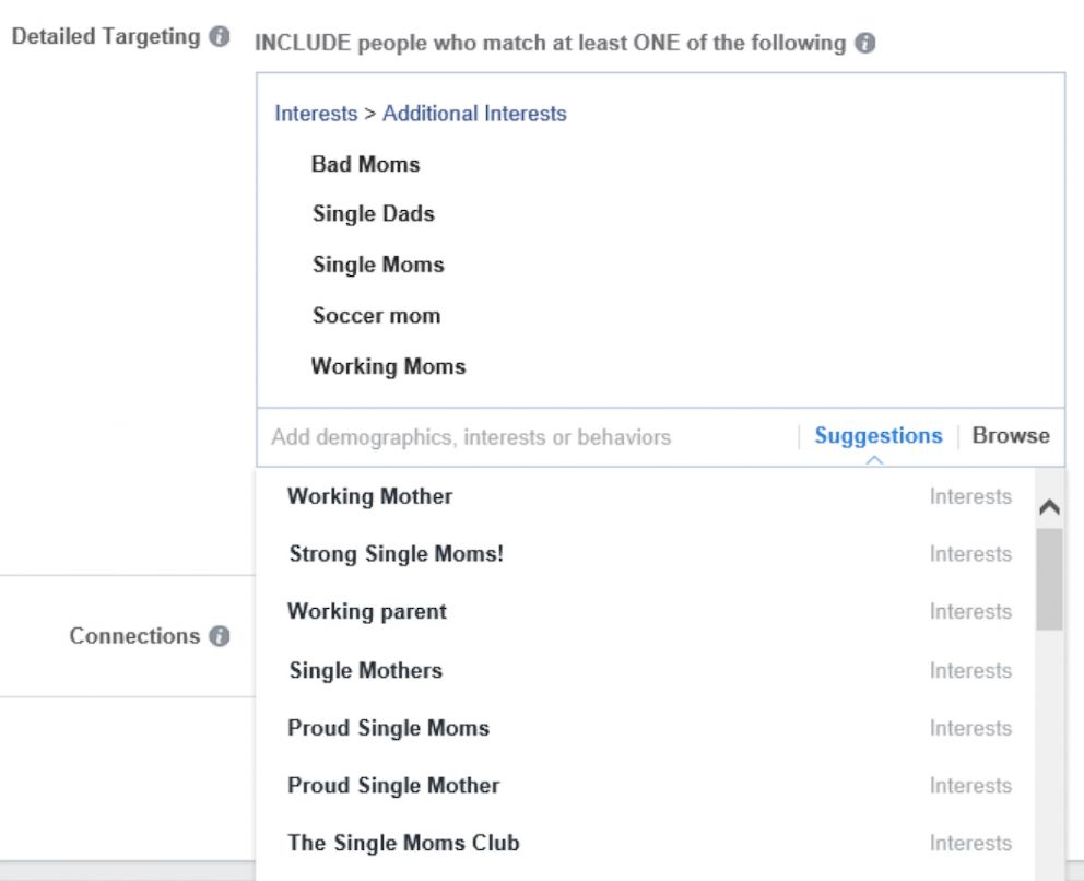 PHOTO: A screen showing a menu of detailed audience targeting for Facebook ads is pictured in this undated image provided by by the American Civil Liberties Union.