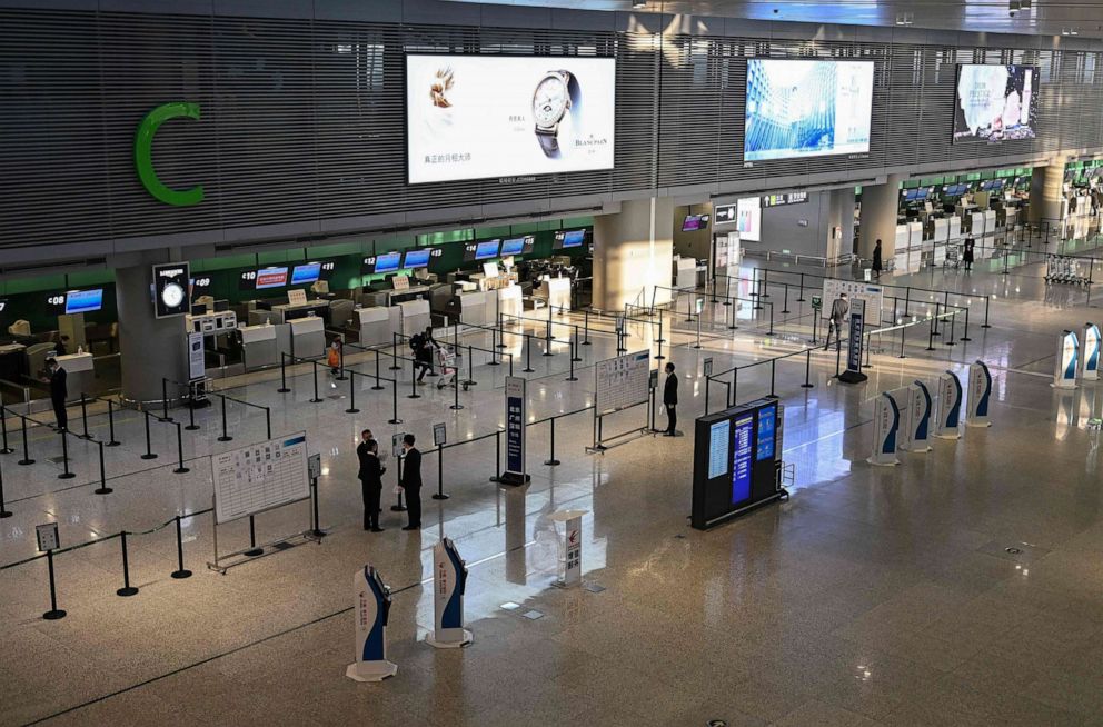 PHOTO: A nearly empty hall in the Hongqiao International Airport in Shanghai, March 5, 2020, as the coronavirus epidemic slows airline traffic.