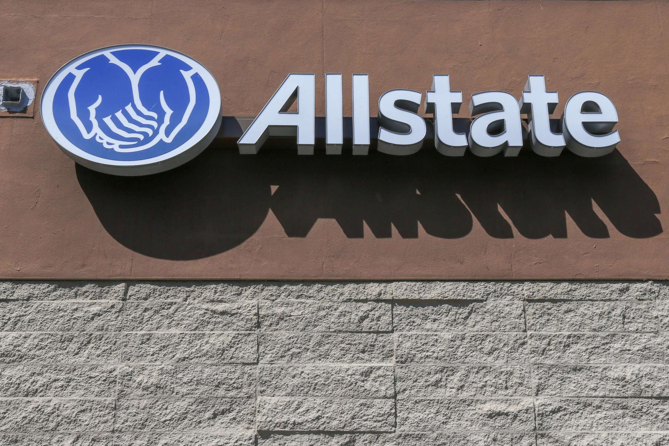 PHOTO: In this March 26, 2020, file photo, an Allstate Insurance logo sign is shown in Los Angeles, Calif.
