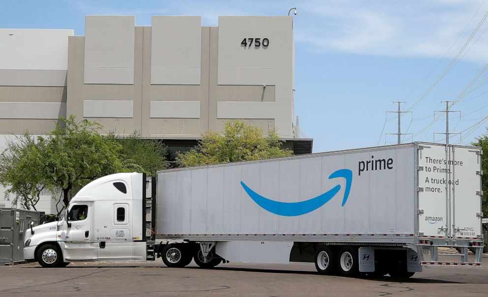 PHOTO: This Wednesday, July 17, 2019 photo shows an Amazon shipping truck at a fulfillment center in Phoenix.