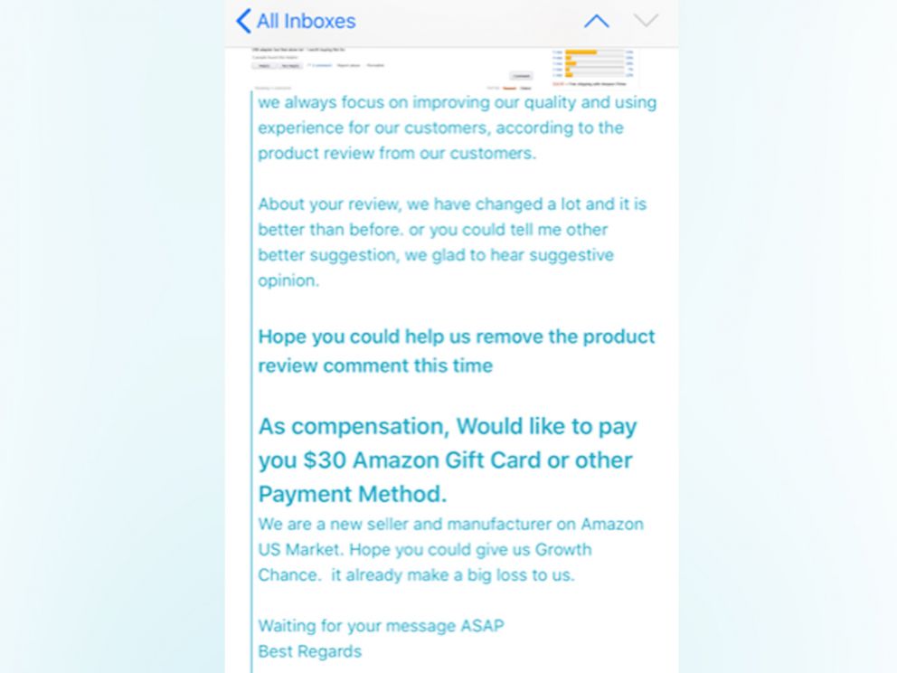 PHOTO: A buyer on Amazon showed ABC News the correspondence between a 3rd party seller who offered him $30 gift card/Amazon credit to change a bad review to a good one. 