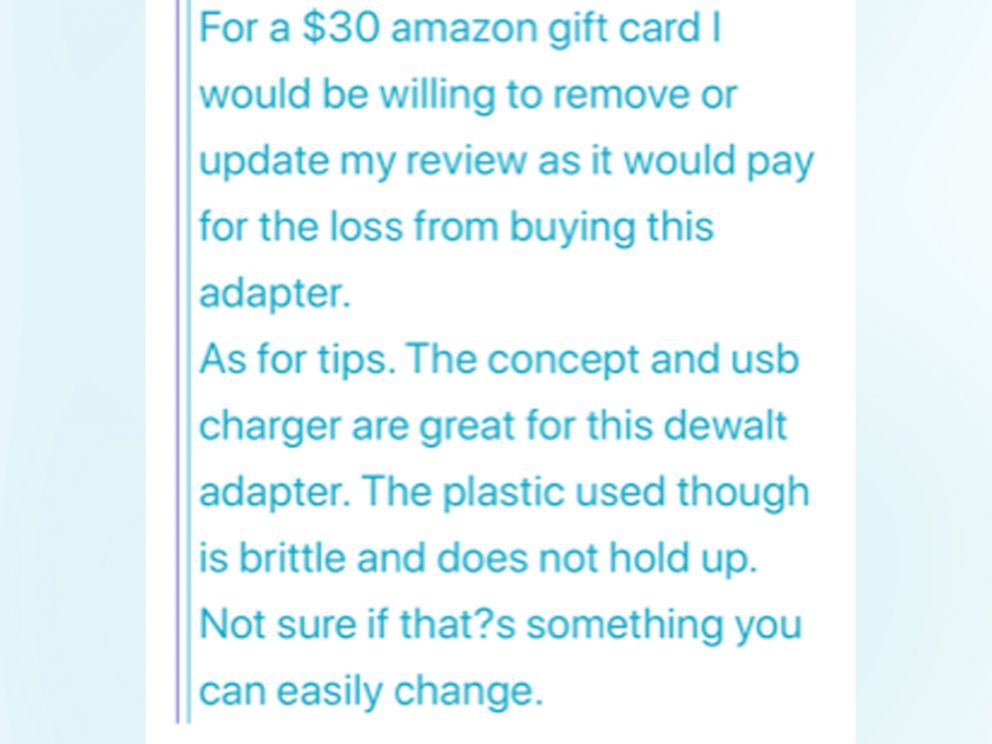 PHOTO: A buyer on Amazon showed us the correspondence between a 3rd party seller who offered him $30 gift card/Amazon credit to change a bad review to a good one.