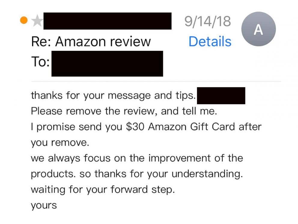 PHOTO: A buyer on Amazon showed us the correspondence between a 3rd party seller who offered him $30 gift card/Amazon credit to change a bad review to a good one.