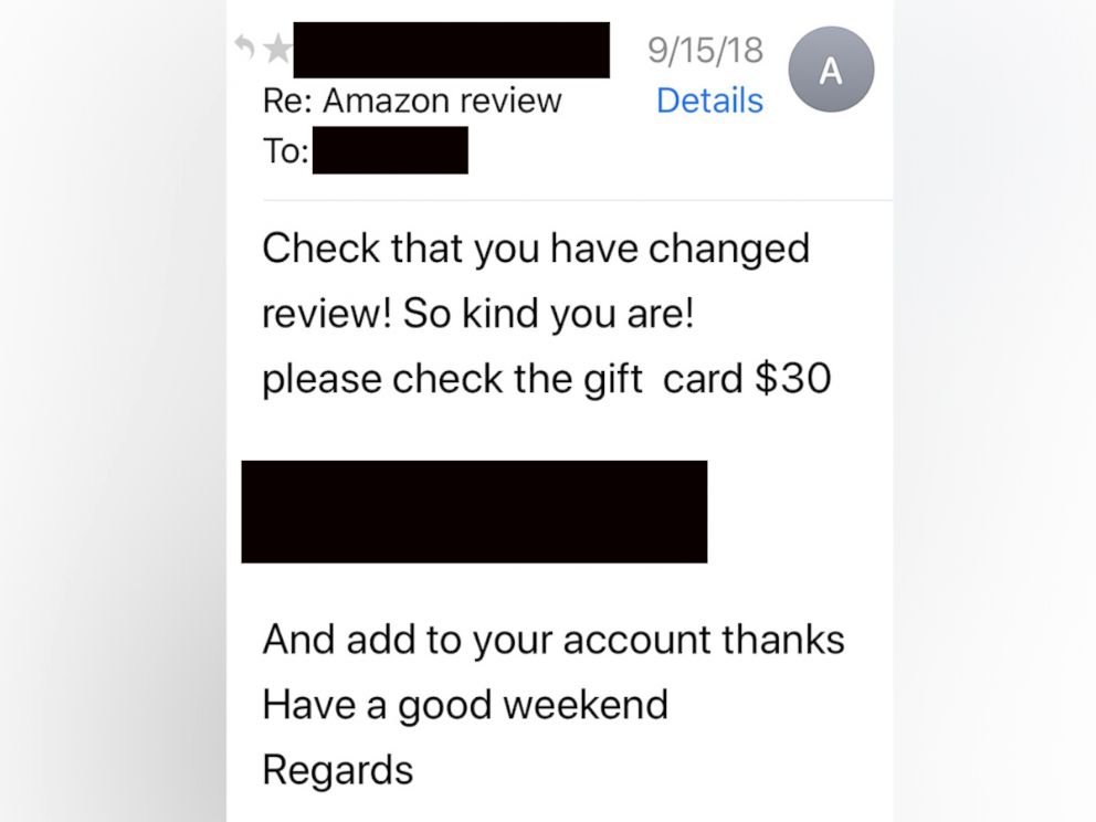 PHOTO: A buyer on Amazon showed ABC News the correspondence between a 3rd party seller who offered him $30 gift card/Amazon credit to change a bad review to a good one.