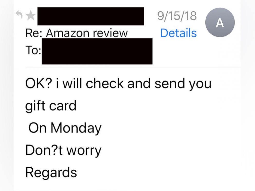 PHOTO: A buyer on Amazon showed ABC News the correspondence between a 3rd party seller who offered him $30 gift card/Amazon credit to change a bad review to a good one.