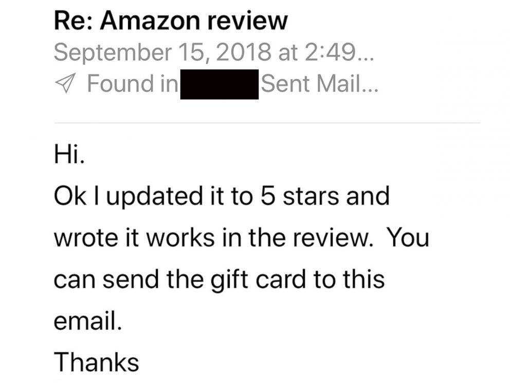 PHOTO: A buyer on Amazon showed ABC News the correspondence between a 3rd party seller who offered him $30 gift card/Amazon credit to change a bad review to a good one.