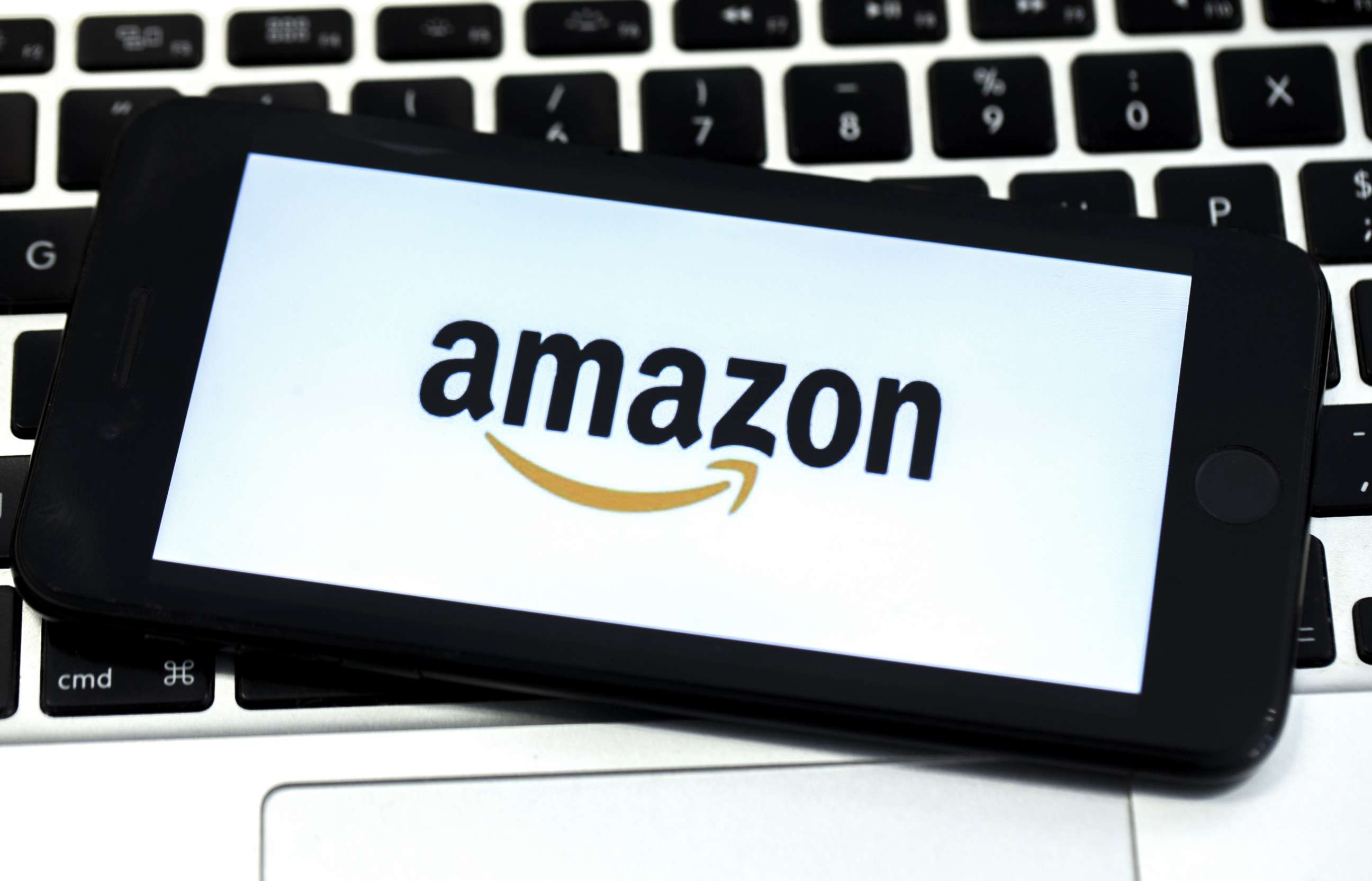 PHOTO: The Amazon logo is displayed on screen of a mobile photo in a stock photo. 