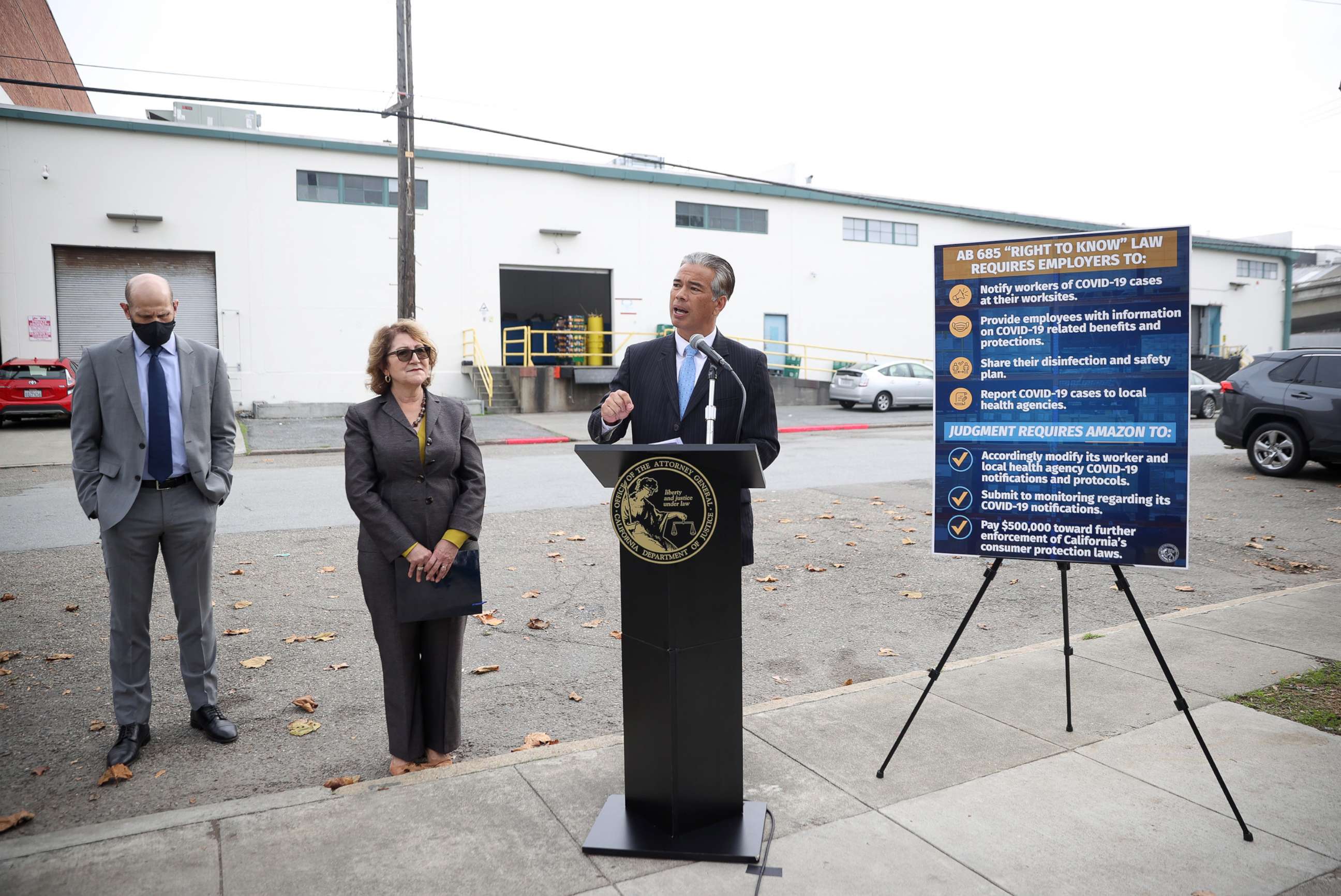 PHOTO: California Attorney General Rob Bonta speaks during a news conference outside of an Amazon distribution facility, Nov. 15, 2021, in San Francisco.