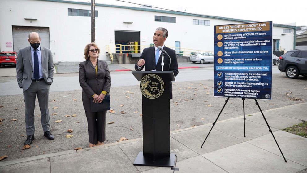 PHOTO: California Attorney General Rob Bonta speaks during a news conference outside of an Amazon distribution facility, Nov. 15, 2021, in San Francisco.