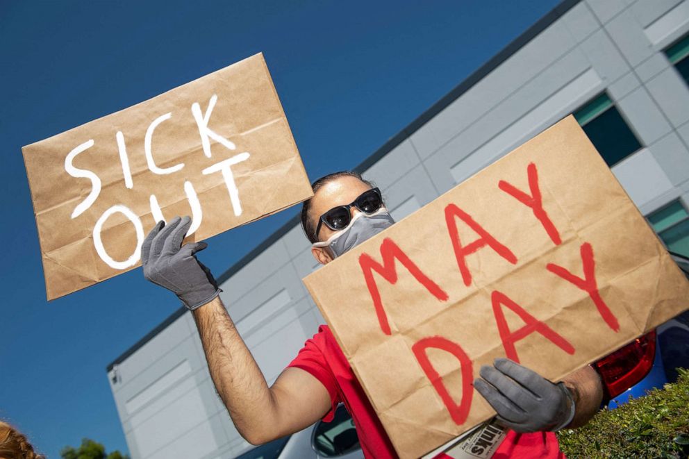 PHOTO: Workers protest against the failure from their employers to provide adequate protections in the workplace of the Amazon delivery hub in Hawthorne, Calif., May 1, 2020.