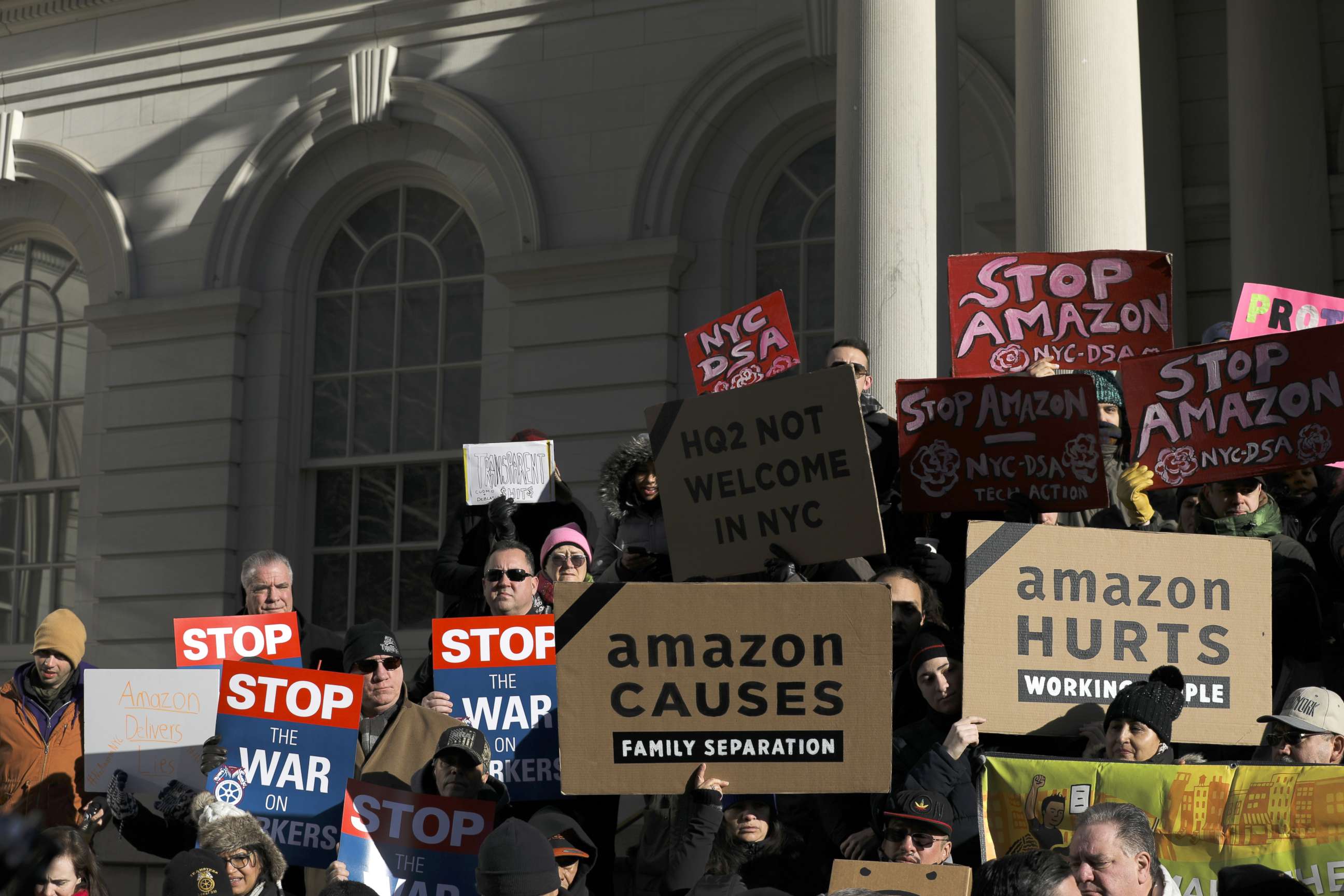 PHOTO: Protestors rally against Amazon and the company's plans to move their second headquarters to the Long Island City neighborhood of Queens, at New York City Hall, Jan. 30, 2019.