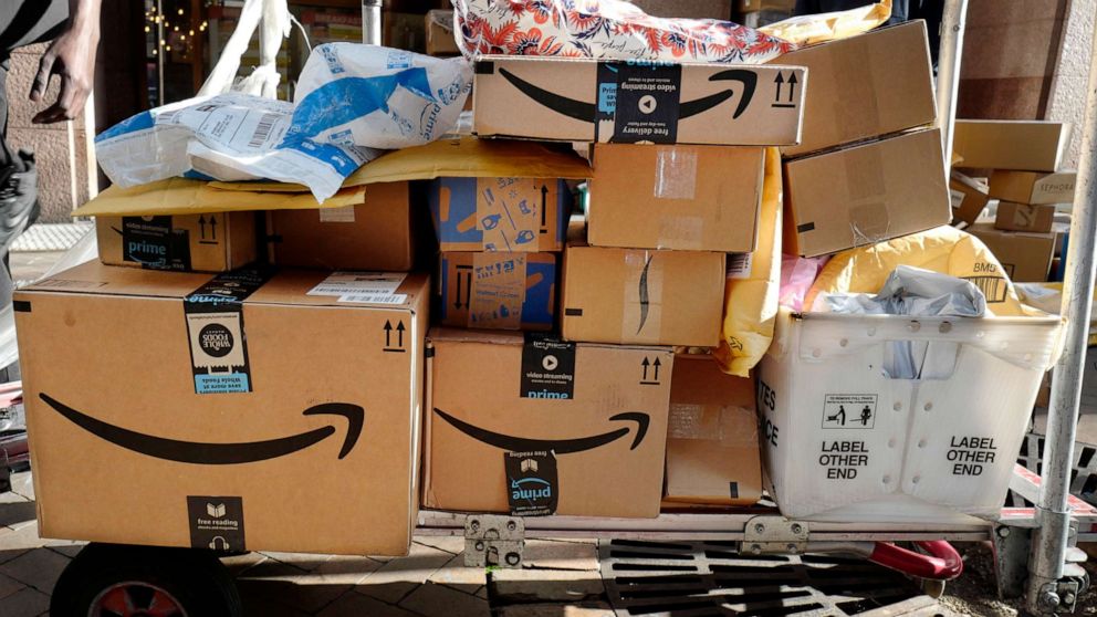 PHOTO: Amazon Prime boxes are loaded on a cart for delivery in New York, Oct. 10, 2018.