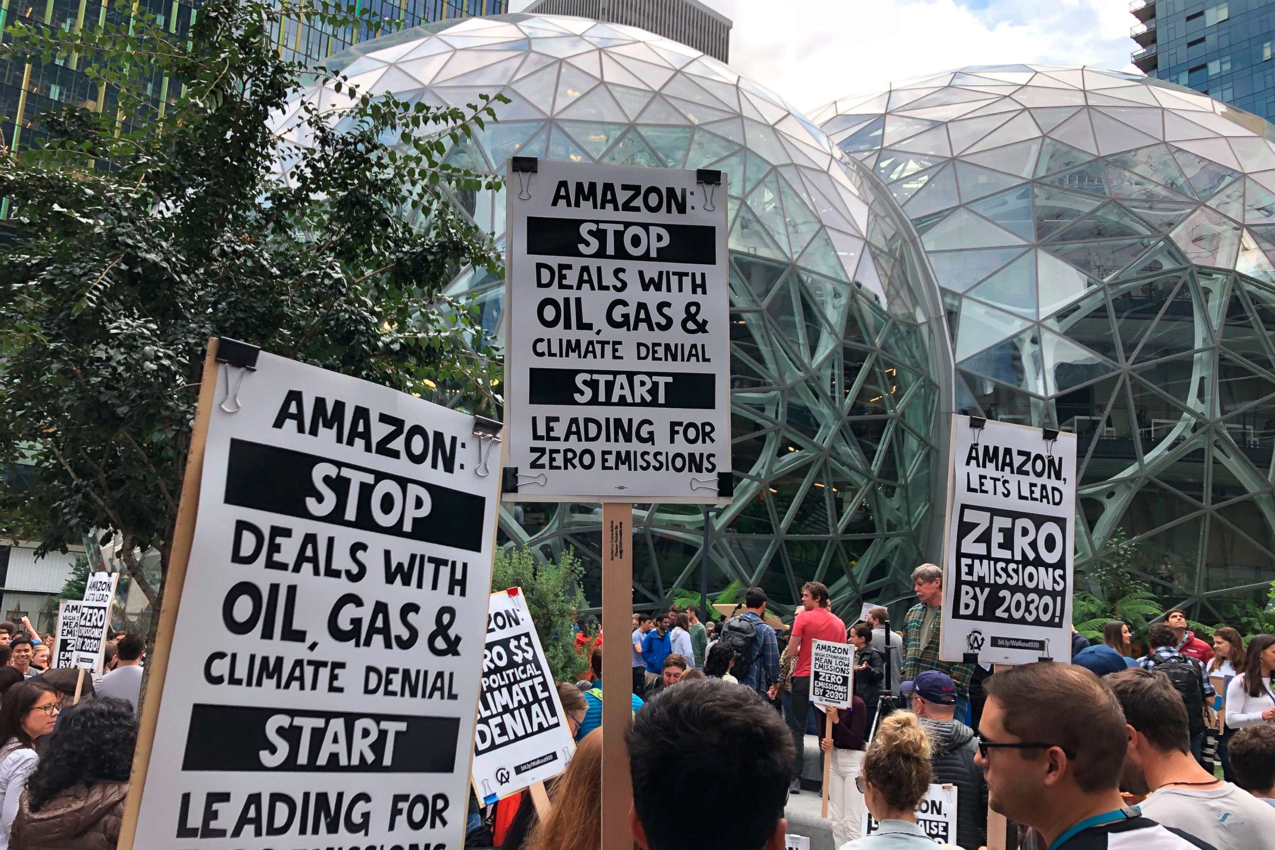 PHOTO: Amazon workers begin to gather in front of the Spheres, participating in the climate strike in Seattle, Sept. 20, 2019.
