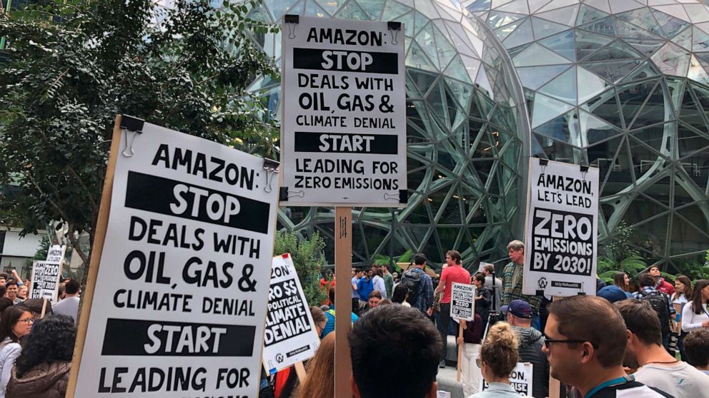PHOTO: Amazon workers begin to gather in front of the Spheres, participating in the climate strike in Seattle, Sept. 20, 2019.