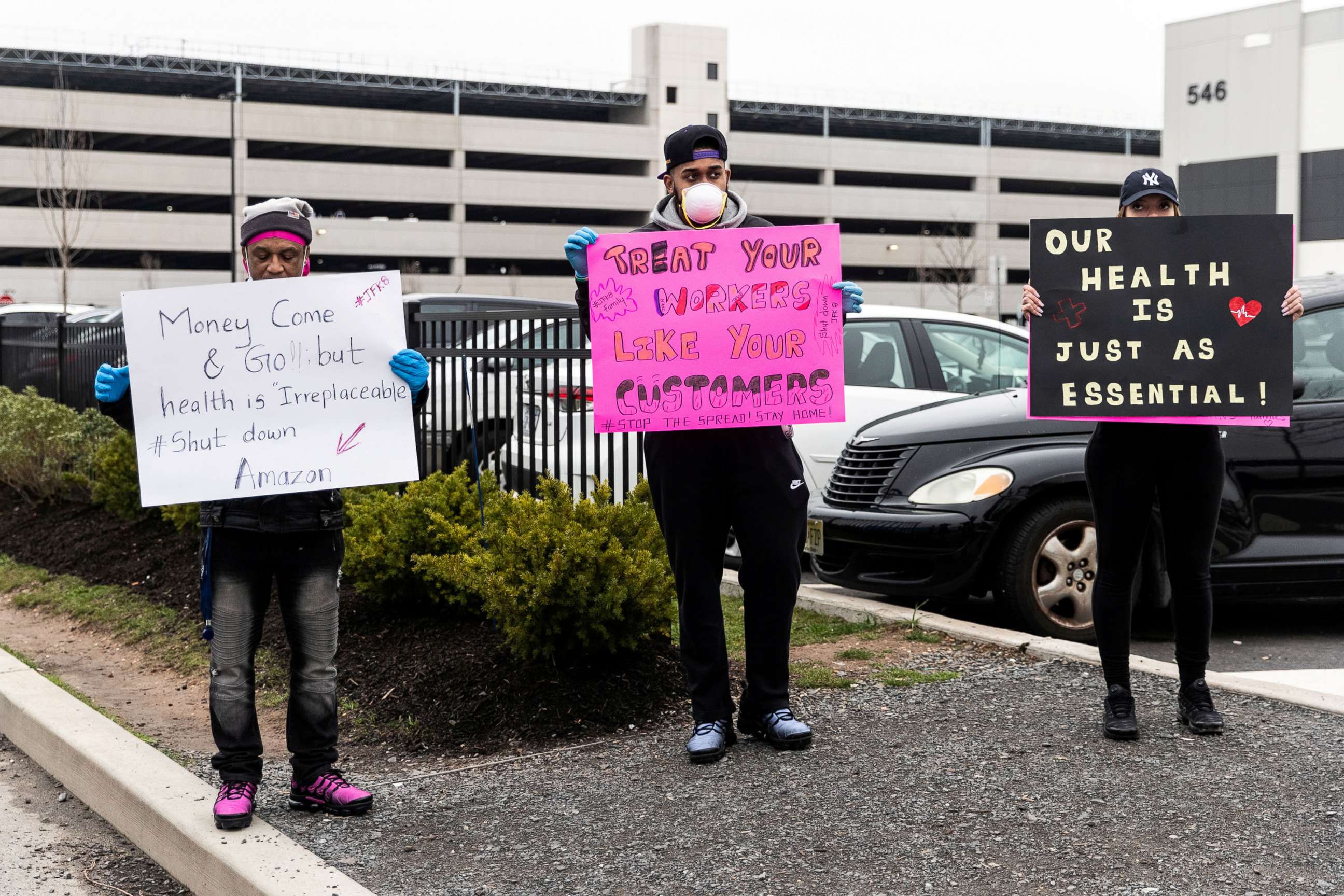 PHOTO: In this March 30, 2020, file photo, protesters hold signs at an Amazon building during the outbreak of the coronavirus disease (COVID-19), in Staten Island, NY.