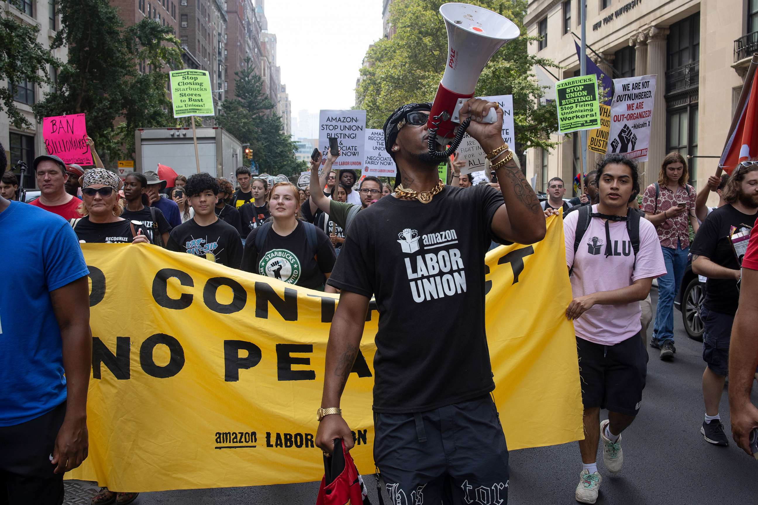 PHOTO: Chris Smalls, a leader of the Amazon Labor Union, leads a march of Starbucks and Amazon workers and their allies to the homes of their CEOs to protest union busting on Labor Day, Sept. 5, 2022, in New York City.