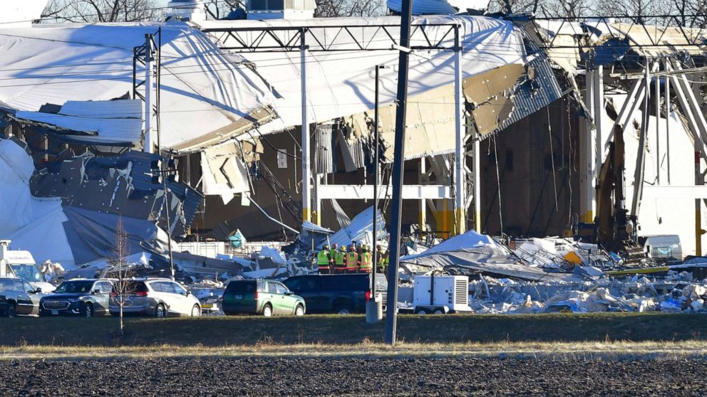 PHOTO: Recovery operations continue after the partial collapse of an Amazon Fulfillment Center in Edwardsville, Ill., Dec. 12, 2021