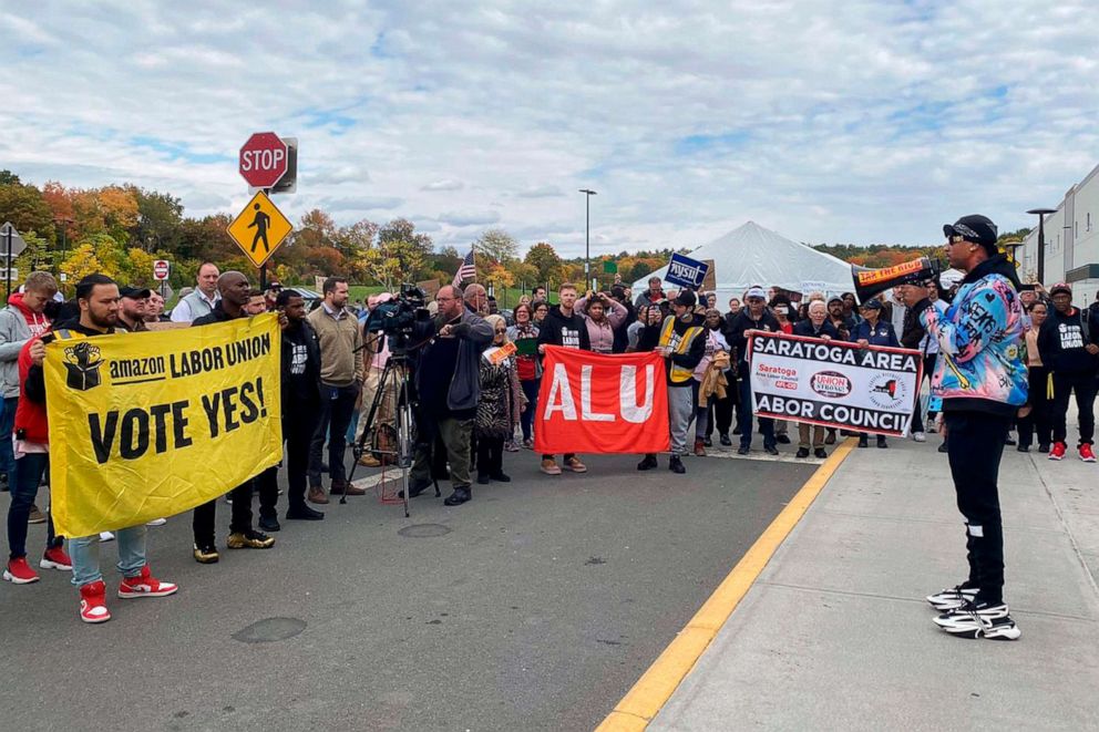 PHOTO: Amazon Labor Union President, Chris Smalls speaks to Amazon workers at a rally, Oct. 10, 2022, in Castleton-On-Hudson, 15 miles south of Albany, N.Y.