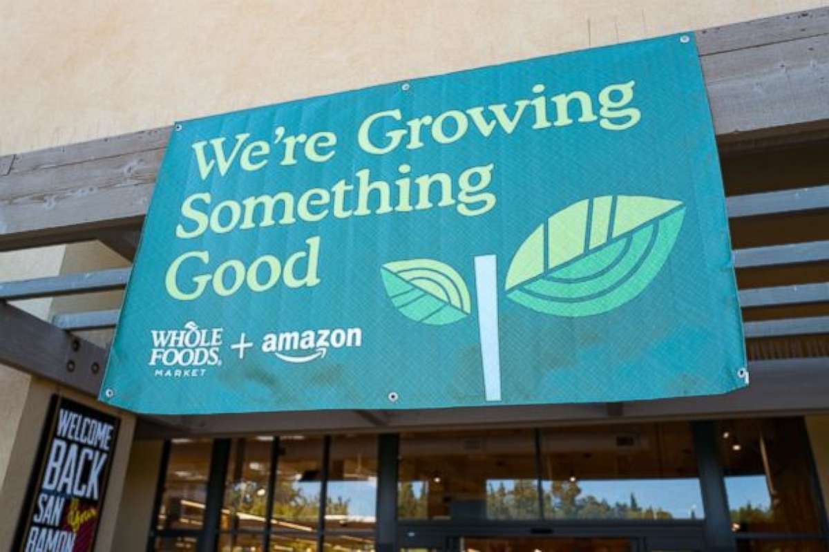 PHOTO: Signage on the Whole Foods Market store in San Ramon, California, reading "We're growing something good", announcing the acquisition of Whole Foods Market by online retailer Amazon, Aug. 28, 2017.