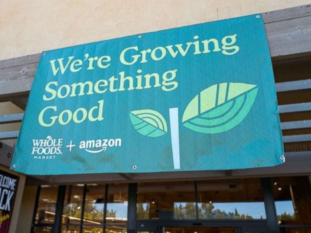 PHOTO: Signage on the Whole Foods Market store in San Ramon, California, reading Were growing something good, announcing the acquisition of Whole Foods Market by online retailer Amazon, Aug. 28, 2017.