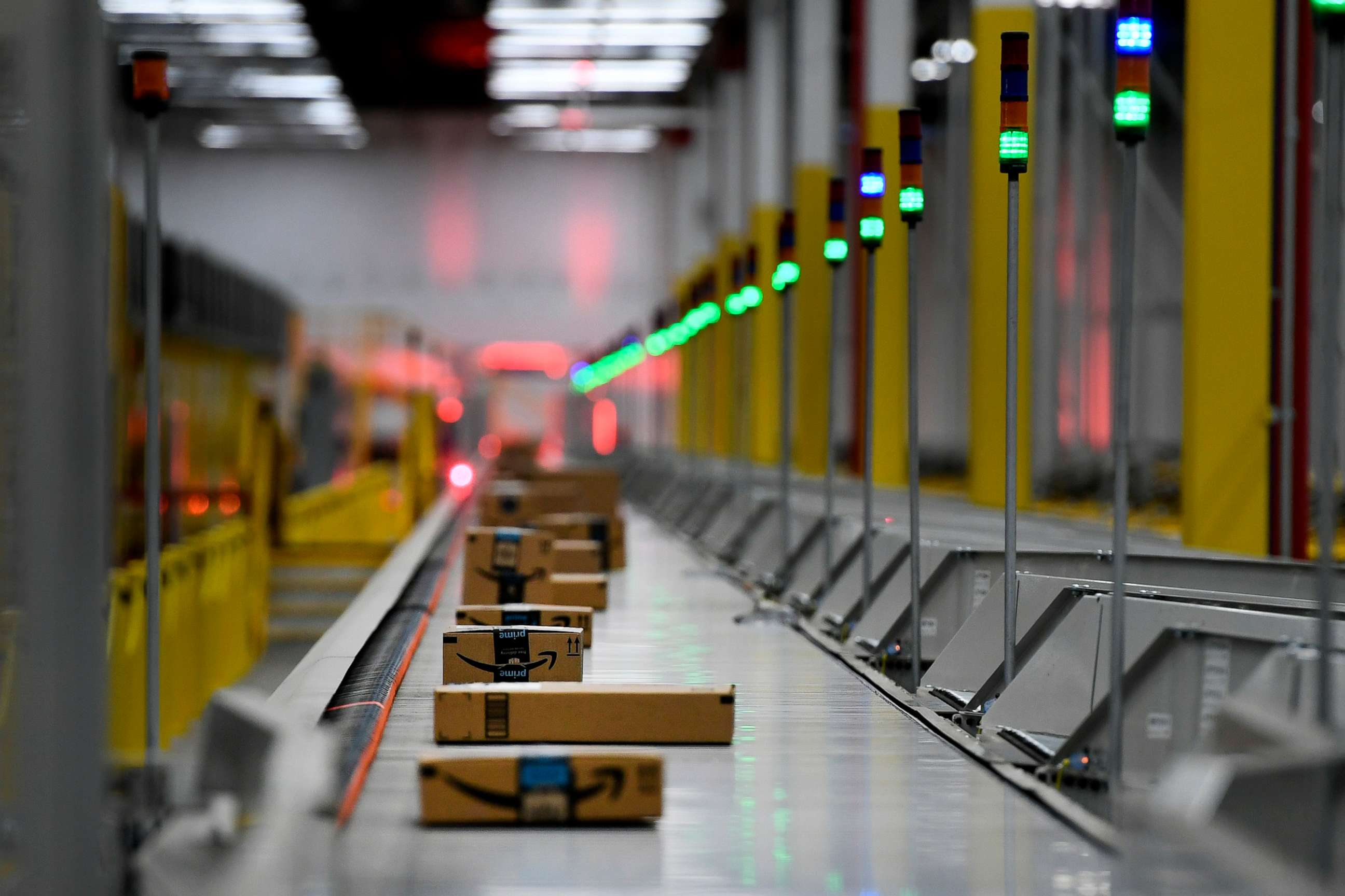 PHOTO: Boxes move along on conveyor belts at Amazon's Fulfillment Center on March 19, 2019, in Thornton, Colo.