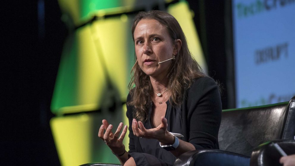 Anne Wojcicki, chief executive officer and co-founder of 23andMe Inc., speaks during the TechCrunch Disrupt 2017 in San Francisco, Sept. 19, 2017.