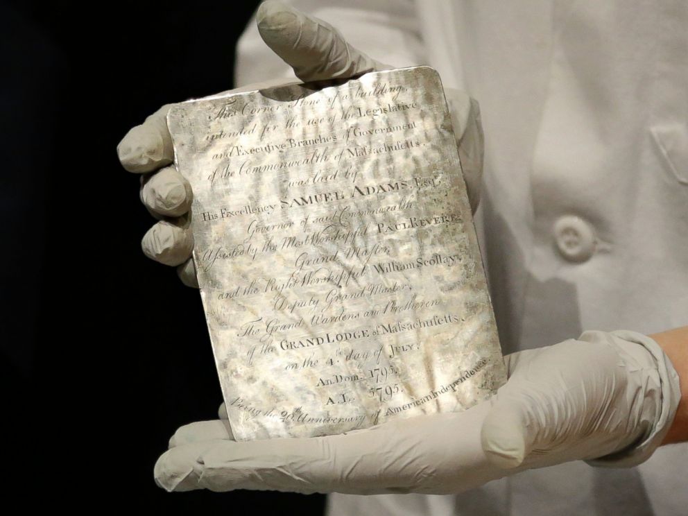 PHOTO: Museum of Fine Arts Boston Head of Objects Conservation Pam Hatchfield displays a silver plaque removed from a time capsule at the museum, Jan. 6, 2015, in Boston.