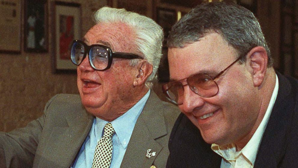 PHOTO: Hall of Fame baseball announcer Harry Caray, center, with his son Skip, right, and grandson Chip, pose together in Chicago, May 13, 1991. 