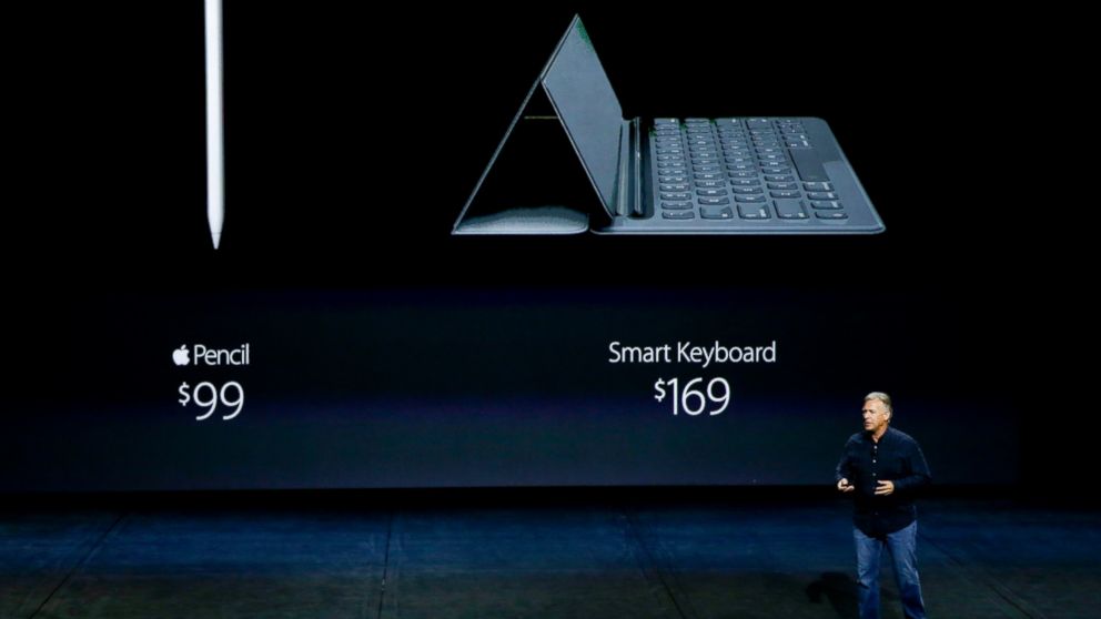 PHOTO: Phil Schiller, Apple's senior vice president of worldwide marketing, announces the pricing for the Apple Pencil and the Smart Keyboard during the Apple event at the Bill Graham Civic Auditorium in San Francisco, Sept. 9, 2015. 